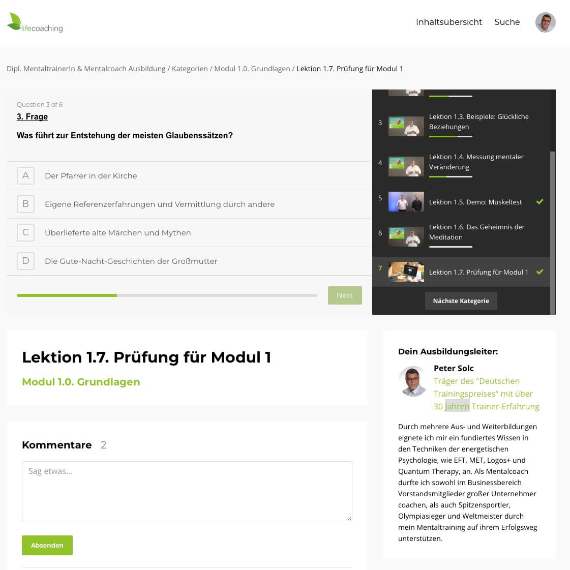Bildschirmfoto zur Prüfung (Multiple-Choice-Test)