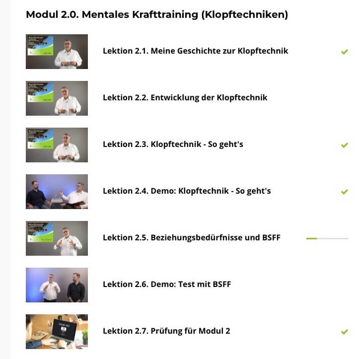 Der Überblick zu Modul 2. "Mentales Krafttraining" (Klopftechniken)
